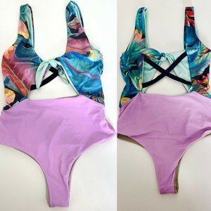 Mandalynn Sz L Blue Purple Tie Front Strappy Back One Piece Swim Suit US Made